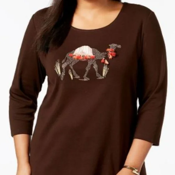 Karen Scott Brown Long Sleeve Top with Camel Design - Picture 4 of 4